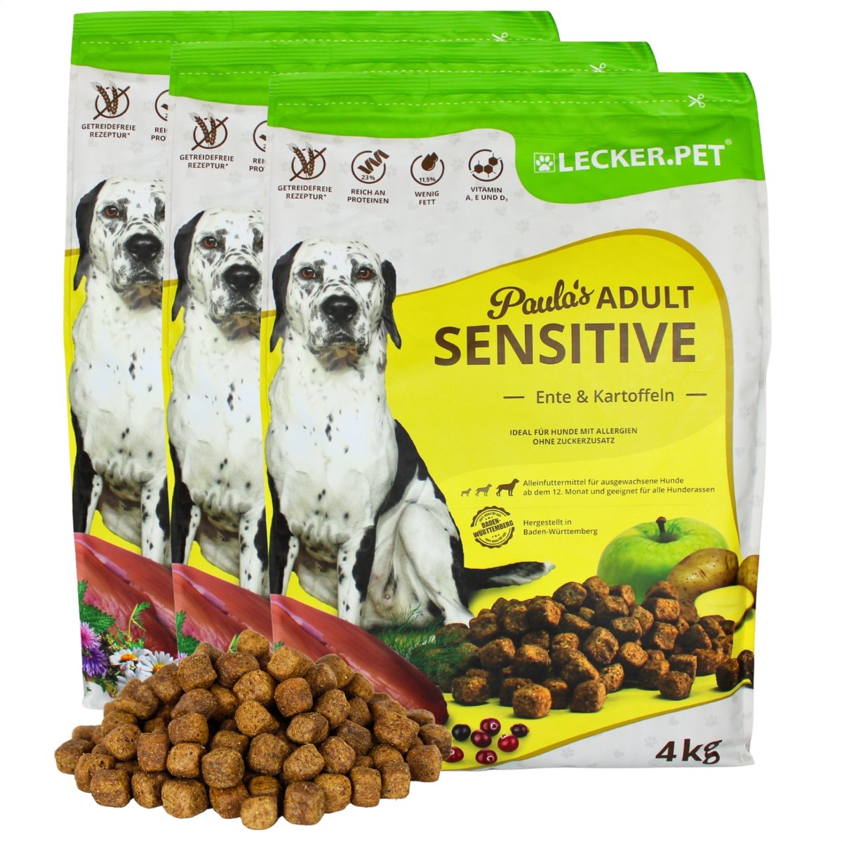 Lyra Pet 12 kg Lecker.Pet® Paula's Adult Sensitive Eend & Aardappel droog hondenvoer compleet voer