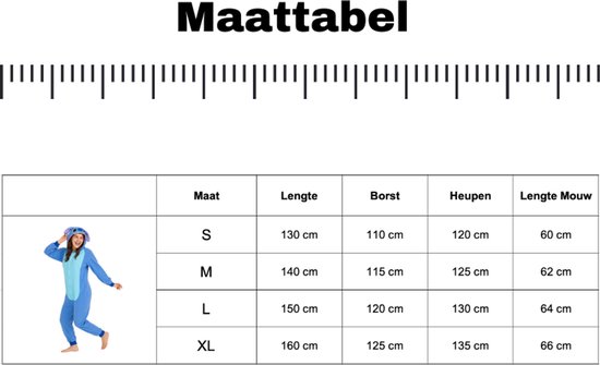 Maattabel voor blauwe koala onesie met maten S, M, L, XL