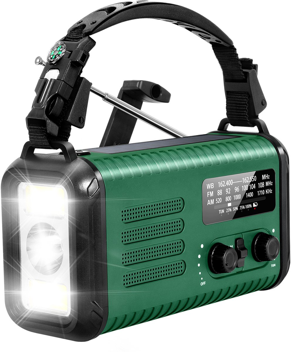 NovaWare NoodRadio Solar Opwindbaar - FM/AM - Powerbank Zonneenergie met 20.000mAh - Survival Noodpakket - Draagbare Radio op batterijen – Groen