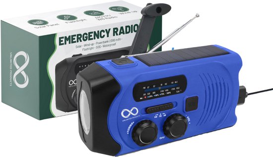 Noodradio - Solar - Opwindbaar - Blauw - Powerbank zonneenergie - Zaklamp - draagbare radio