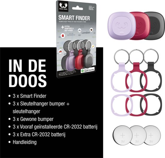Verpakking en inhoud van de Fresh 'n Rebel Smart Finder set: 3 trackers, 3 bumpers, 3 sleutelringen, 6 batterijen.