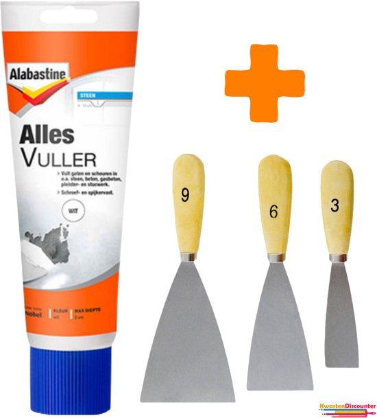 Alabastine Allesvuller Wit - Alles Vuller - Vulmiddel - 1x330 gram + KD Plamuurmes Set 3-Delig (3cm, 6cm, 9 cm)