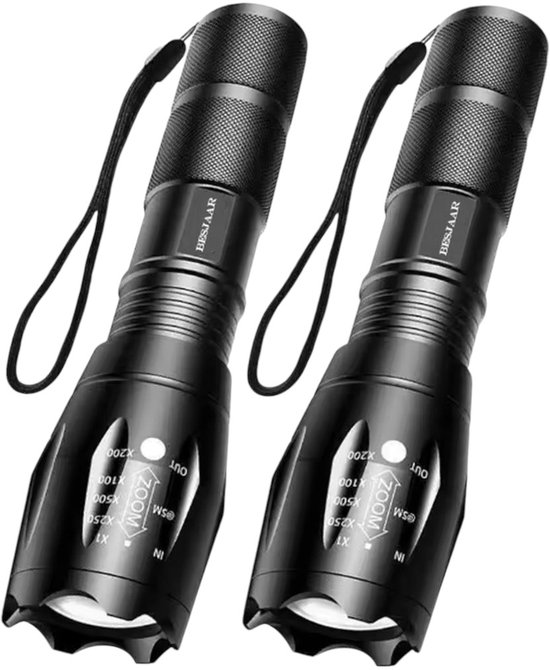 Besjaar Zaklamp - Militaire Zaklamp - 2 Stuks Zaklampen LED - 2000 Lumen - IP65 Waterdicht - Zwart