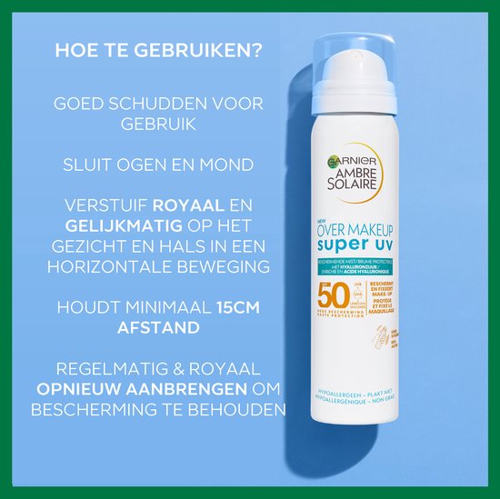 Garnier Ambre Solaire Over Make-up Super UV Mist Gezicht SPF50 - met Glycerine, Vitamine E en Hyaluronzuur – Beschermt & Fixeert Make-up - Skizonnebrandcreme - 75ml