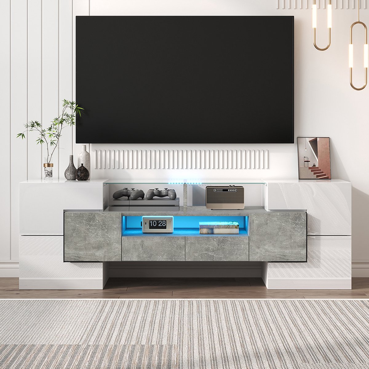 Pugsdrly Kast TV meubel Laag glanzend wit 145 cm LED verlichting woonkamer meubel Elegant glazen blad Grijs