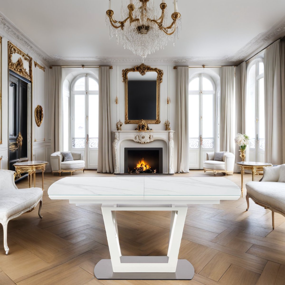 Uitschuifbare Eettafel – Marmerlook Wit – Luxe Glazen Tafelblad – Verlengbaar van 160 tot 220 cm – Halfrond Design – Stalen Frame – Modern & Klassiek Interieur – 6 tot 8 Personen – 90 x 76 cm – Elegant & Duurzaam
