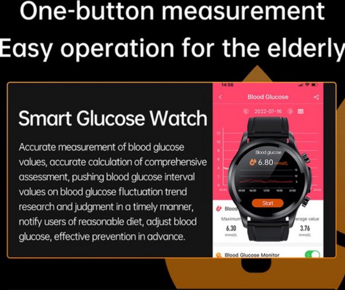 Afbeelding 2 van Bloedglucose Smartwatch Zwart Pijnloos Meten IP68 Waterdicht