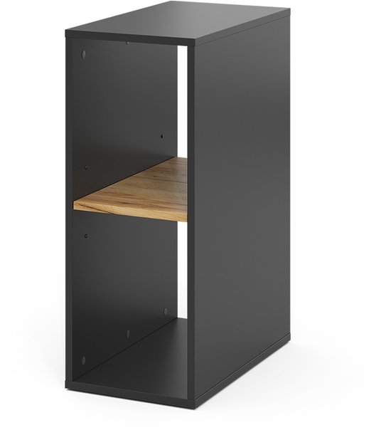 Zwarte kast met één houten plank.