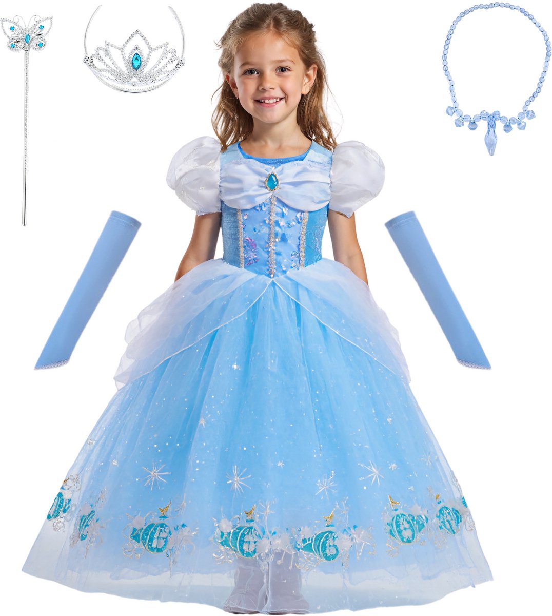 Joya Kids® Licht Blauwe Prinses Verkleedjurk | Prinsessenjurk Lichtblauw Accessoires | Kroon, Staf, Handschoenen & Sieraden | Carnaval & Verjaardag | Maat 120