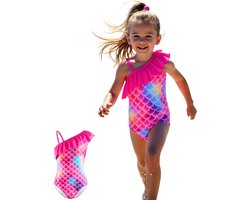 Joya Kids® Mermaid Badpak Roze Meisjes | Zeemeermin Zwempak met ruches Hard Roze | Zwempak One Shoulder Kind | Meisje Bikini Zomer | Kinderbadpak Peuter |
