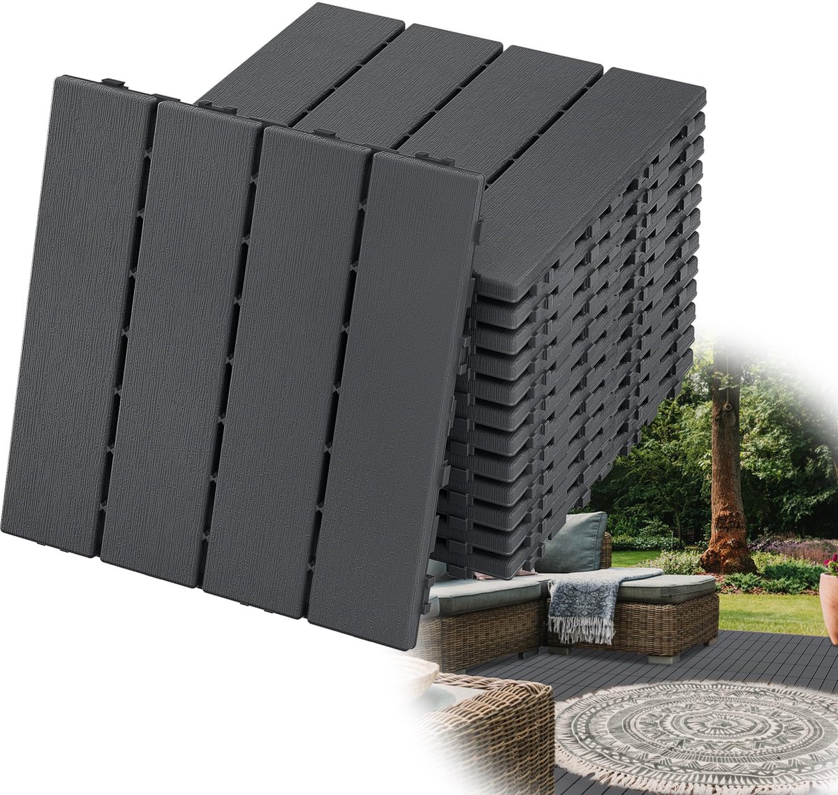Aufun Tegels Balkontegels 30x30cm Terrastegels Kliktegels Vloeren met kliksysteem 1m²/11 stuks Terrastegels in houtlook Vloeren (antraciet)