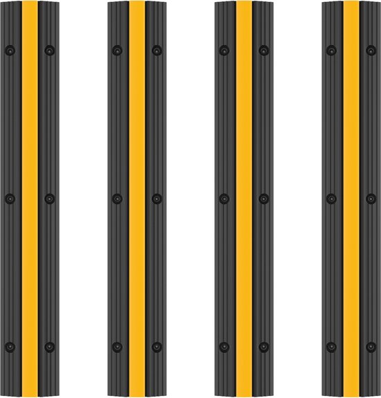 Vier zwarte kabelbruggen met een verticale gele strip in het midden, op een witte achtergrond.