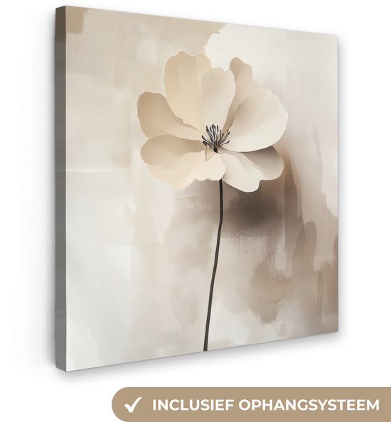 Canvas schilderij 20x20 cm - Exclusieve wanddecoratie Bloem - Beige - Verf - Schaduw - Muurdecoratie woonkamer - Slaapkamer decoratie - Kamer accessoires - Schilderijen op canvas