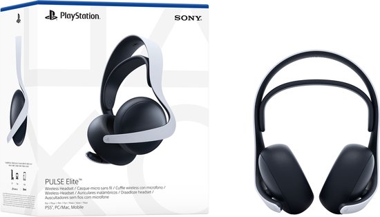 Doos van de Pulse Elite draadloze headset naast een afbeelding van de headset.