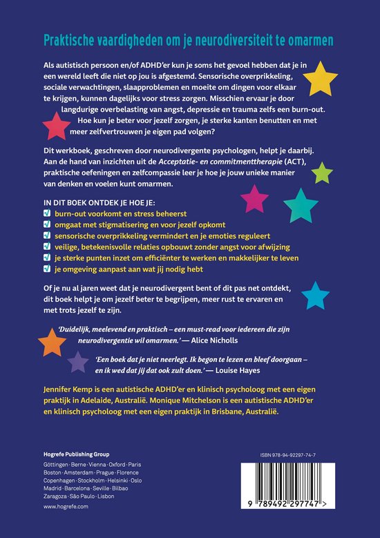 Achterkant van het boek "Werkboek neurodivergente vaardigheden voor autisme en ADHD" met gele, rode, paarse en blauwe sterren.