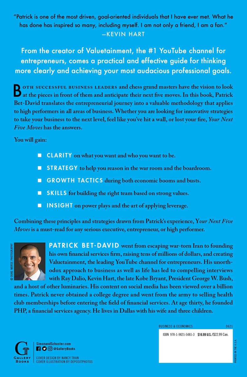 Boekomslag met Patrick Bet-David, de titel "Your Next Five Moves" en een samenvatting van de inhoud.