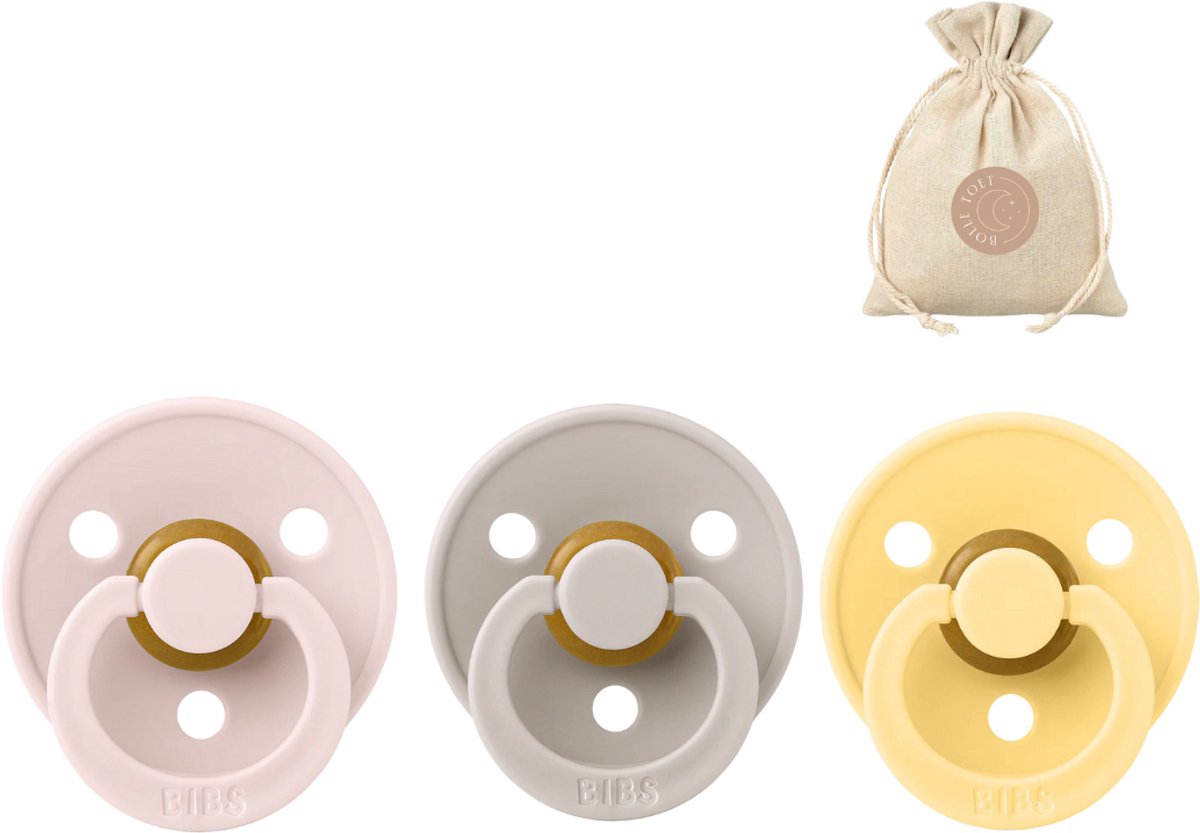 Image of 3 BIBS fopspenen maat 2 - Mushroom, Petal en Pale Butter + BolleToet speenzakje