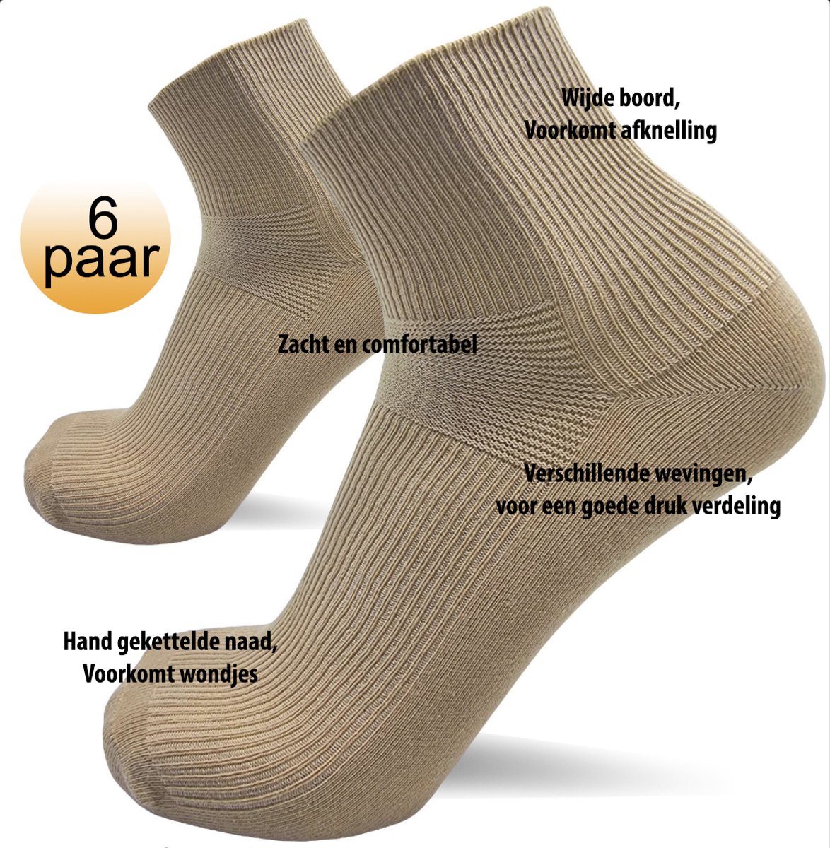Nakkie's - Korte medische sokken - 6 paar - Beige - Maat 47/50 - wijde boord - Diabetes sokken - Quarter sokken - Lage sokken - Korte sokken