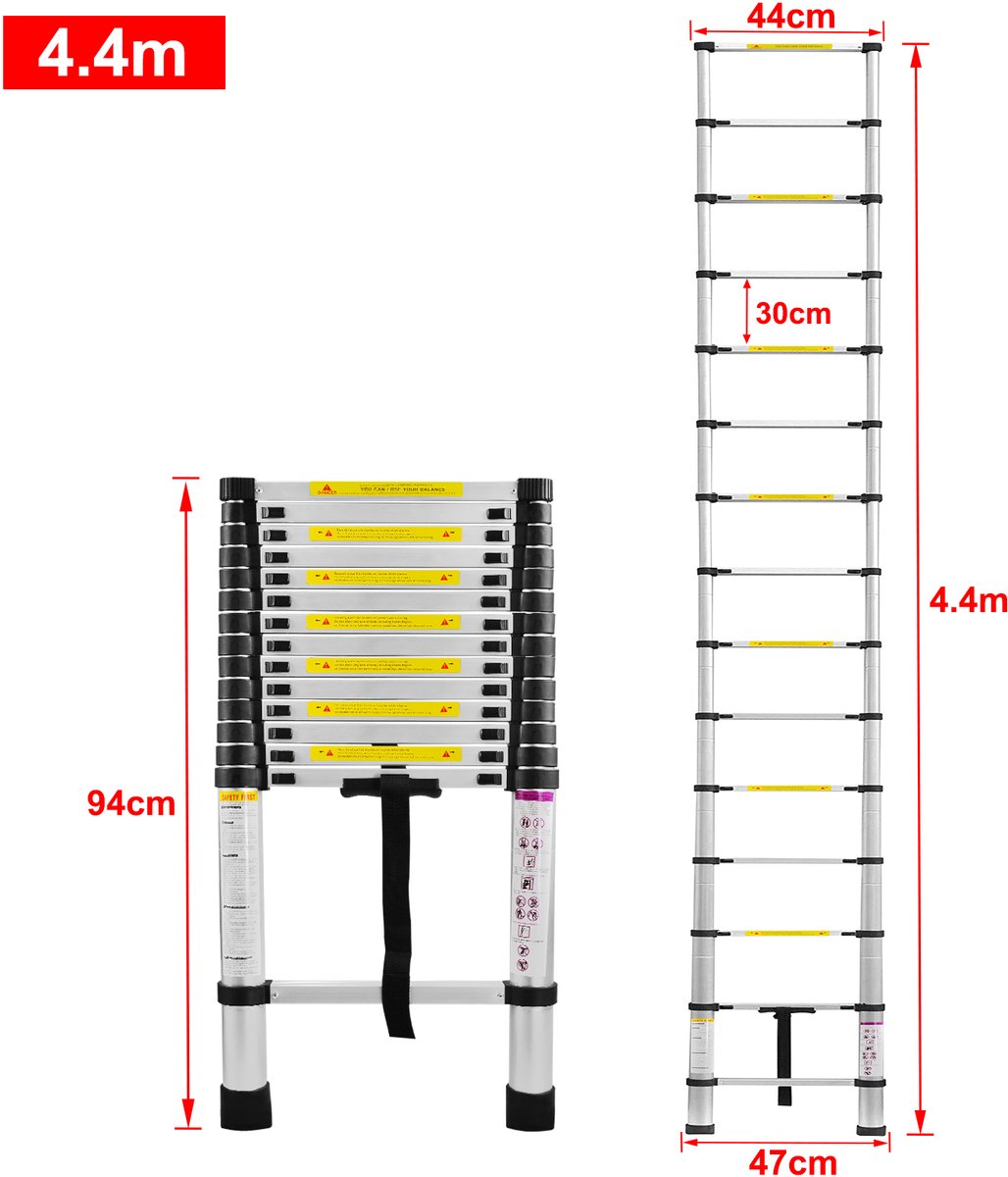 NAIZY Aluminium Telescopische Ladder Opvouwbaar 4.4M Multifunctionele Ladder Aanleunladder Multifunctionele Ladder Uitschuifbare Ladder 15 Treden Trapladder Gemaakt van Hoogwaardig Aluminium Draagvermogen 150KG – foto 2