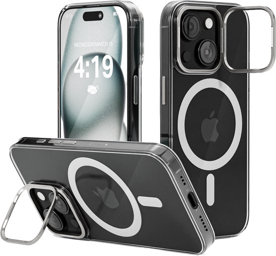 Transparante hoes voor iPhone 15 met MagSafe en een verstelbare telefoonstandaard.