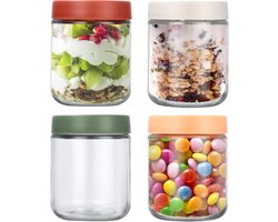 4 stuks - Glazen bewaarpot - Overnight oats pot - Met deksel - Goed afsluitend - Geschikt voor overnight oats en andere voedingsmiddelen - 500 ml