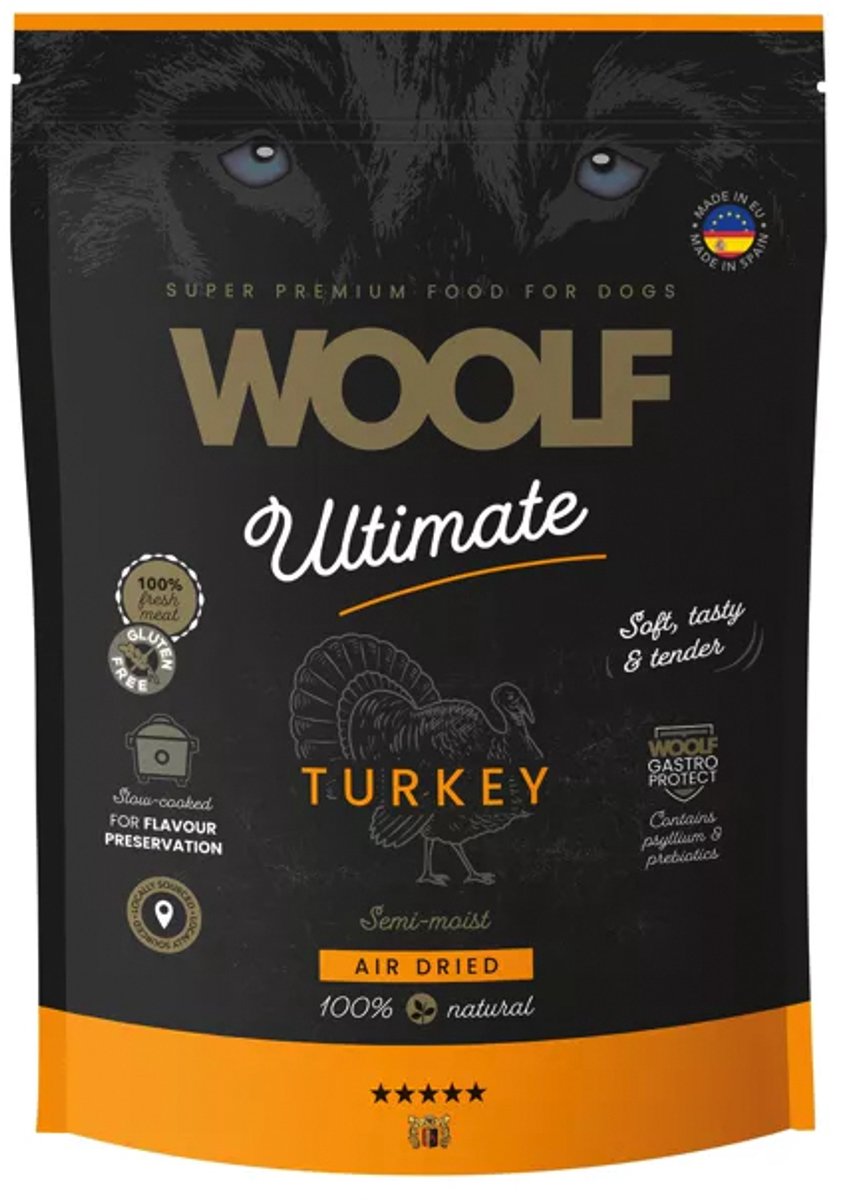 Woolf ultimate turkey - hondenvoer 1 kg - als voer of als beloningssnack - 100% fresh meat - semie moist - glutenvrij - gastro protect - met prebiotica ideaal voor hondjes met slecht gebit