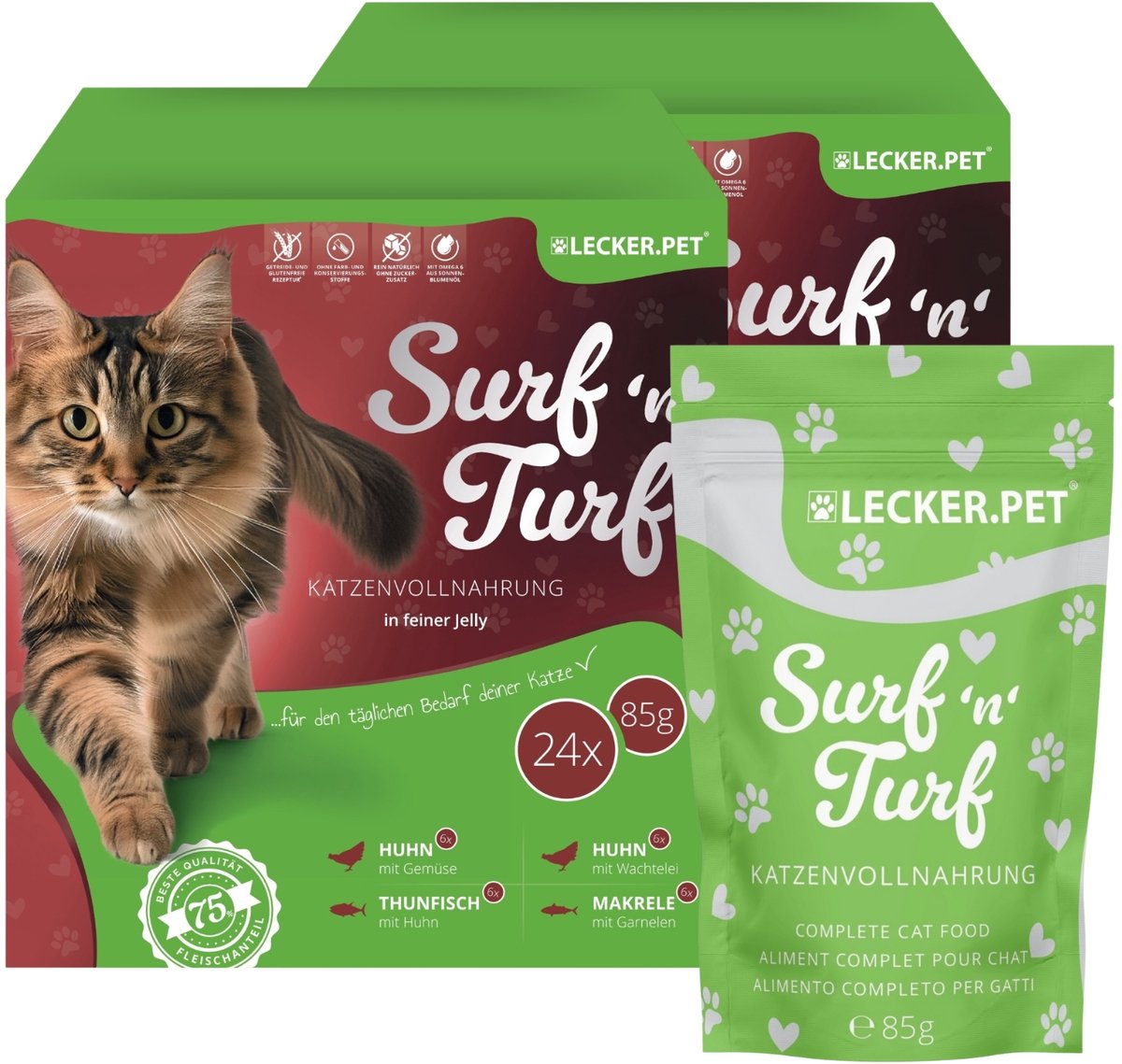 48 x 85 g Lecker.Pet® Surf'n'Turf Pouches kattenvoer in fijne gelei natvoer - 4 soorten multipack