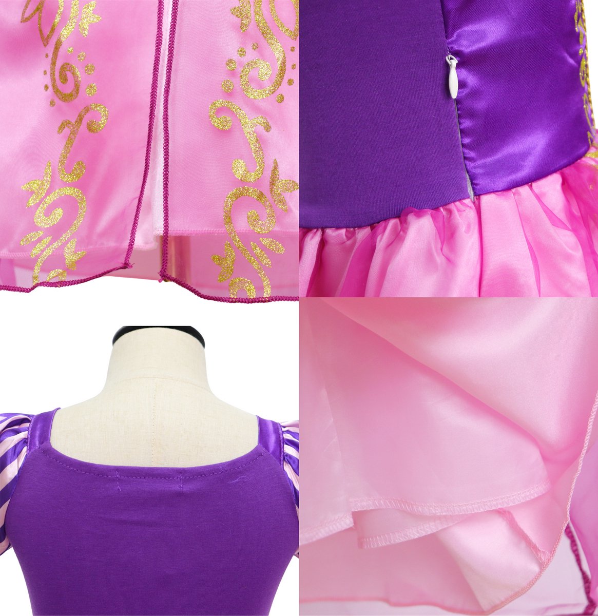 Joya Kids® Roze Prinsessenjurk meisje Korte Mouw | Verkleedjurken meisjes | Prinses jurk Meisje Roze en Paars | Met Kroon, Toverstaf, Handschoenen en Sieraden | Maat 130 — afbeelding 6