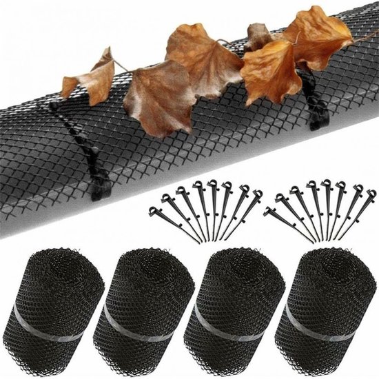 Dakgootbescherming Set - 4x Roosters Met 40 Klemmen - Bladbescherming Voor Regenpijp - Voor Goten & Dakafvoer - Anti-Verstopping Tuinaccessoire - Zwart - 16cm x 6m - 4 Stuks