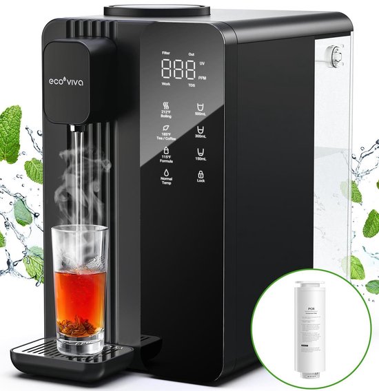 Ecoviva MATE4 Heetwaterdispenser - 3 s Direct Heet - 4.5 L - Omgekeerde Osmose Waterfilter - Heetwaterdispenser, Instant Waterkoeler en Waterfilterkan 3 in 1 - met TDS & Filter Levensduur Monitor - Zwart