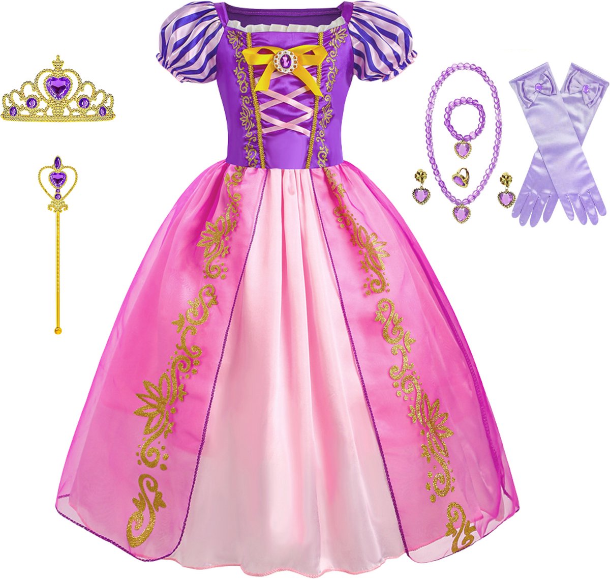 Joya Kids® Roze Prinsessenjurk meisje Korte Mouw | Verkleedjurken meisjes | Prinses jurk Meisje Roze en Paars | Met Kroon, Toverstaf, Handschoenen en Sieraden | Maat 120 — afbeelding 2