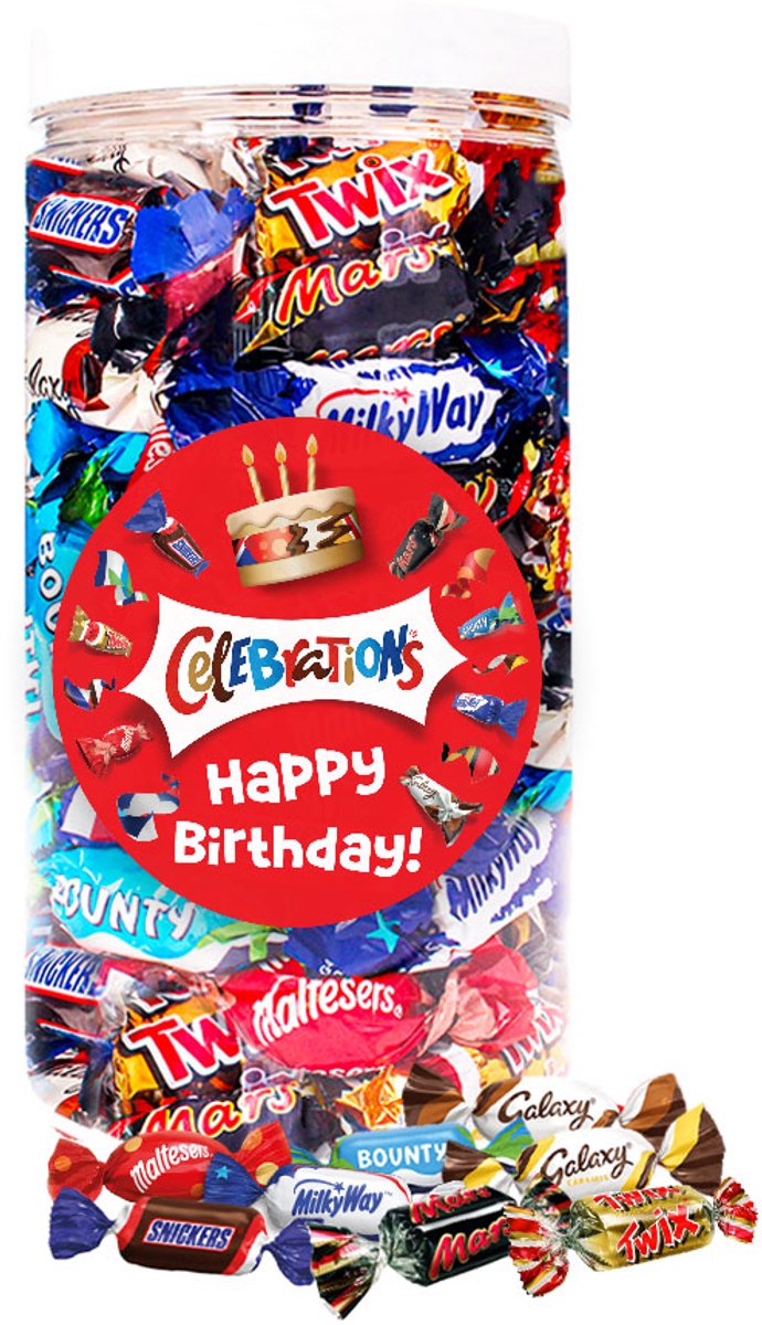 Mars Celebrations mega chocolademix "Happy Birthday!" - verjaardagscadeau - Mars, Snickers, Twix, Bounty, Galaxy, MilkyWay & Maltesers - 580g