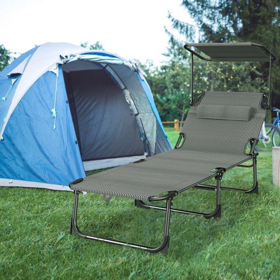 Zonneligstoel met dak, tuinstoel, outdoor ligstoel met hoofdkussen, strandstoel, inklapbaar, verstelbare rugleuning, zonwering tot 100 kg, voor strand, camping, balkon, terras, zwart — afbeelding 4