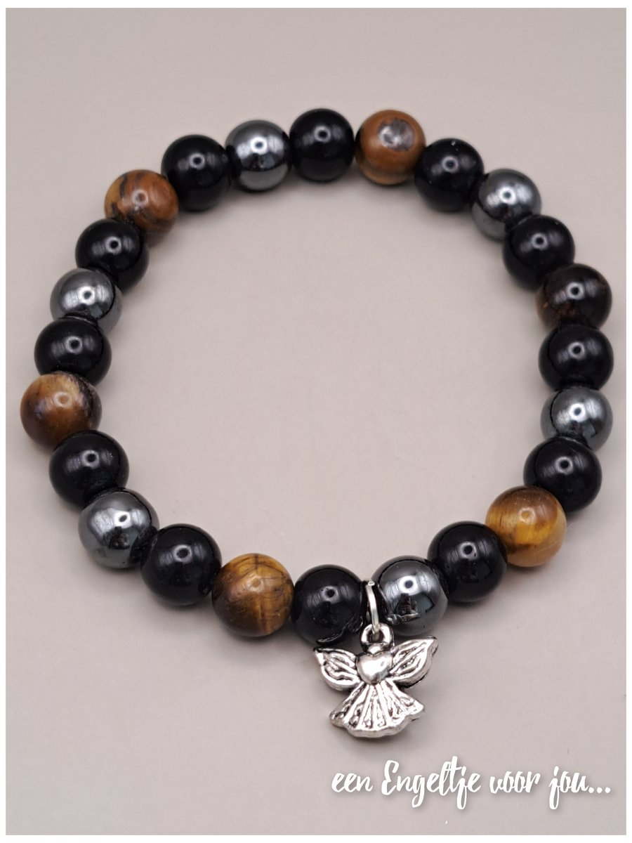 Natuursteen armband - Armband met Engeltje - Edelsteen armband - Onyx - Tijgeroog - Hematiet armband - Kralen armband - Edelstenen armband met Engeltje - Geluksengel armband -Edelsteen