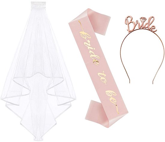 Witte bruidssluier, roze sjerp 'Bride to be' en tiara met 'Bride'