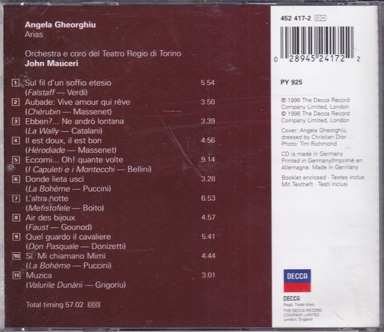 Achterkant CD hoesje. ANGELA GHEORGHIOU ARIAS. Met tracklist en informatie.