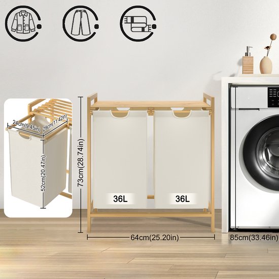 UISEBRT Bamboe wasmand met 2 vakken, 72 liter, wassorteerder van Oxford-stof, wassorteersysteem afneembaar en wasbaar, 73 x 64 x 33,5 cm, grijs UISEBRT Bamboe wasmand met 2 vakken, 72 liter, wassorteerder van Oxford-stof, wassorteersysteem afneembaar en wasbaar, 73 x 64 x 33,5 cm, grijs