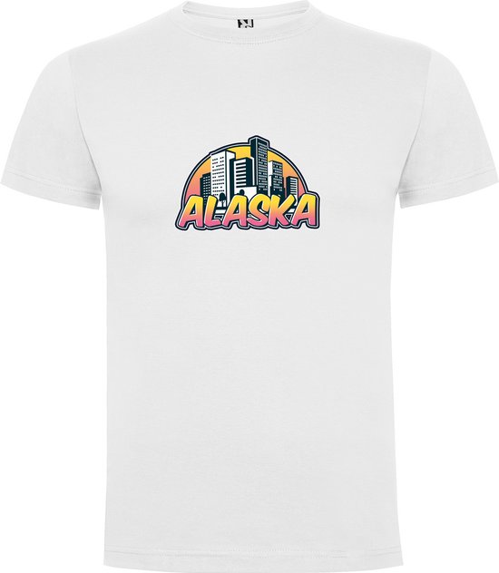 Wit T-Shirt met “ Skyline Alaska – Vakantiegevoel – Strak – Modern “ Print Full Color Maat S