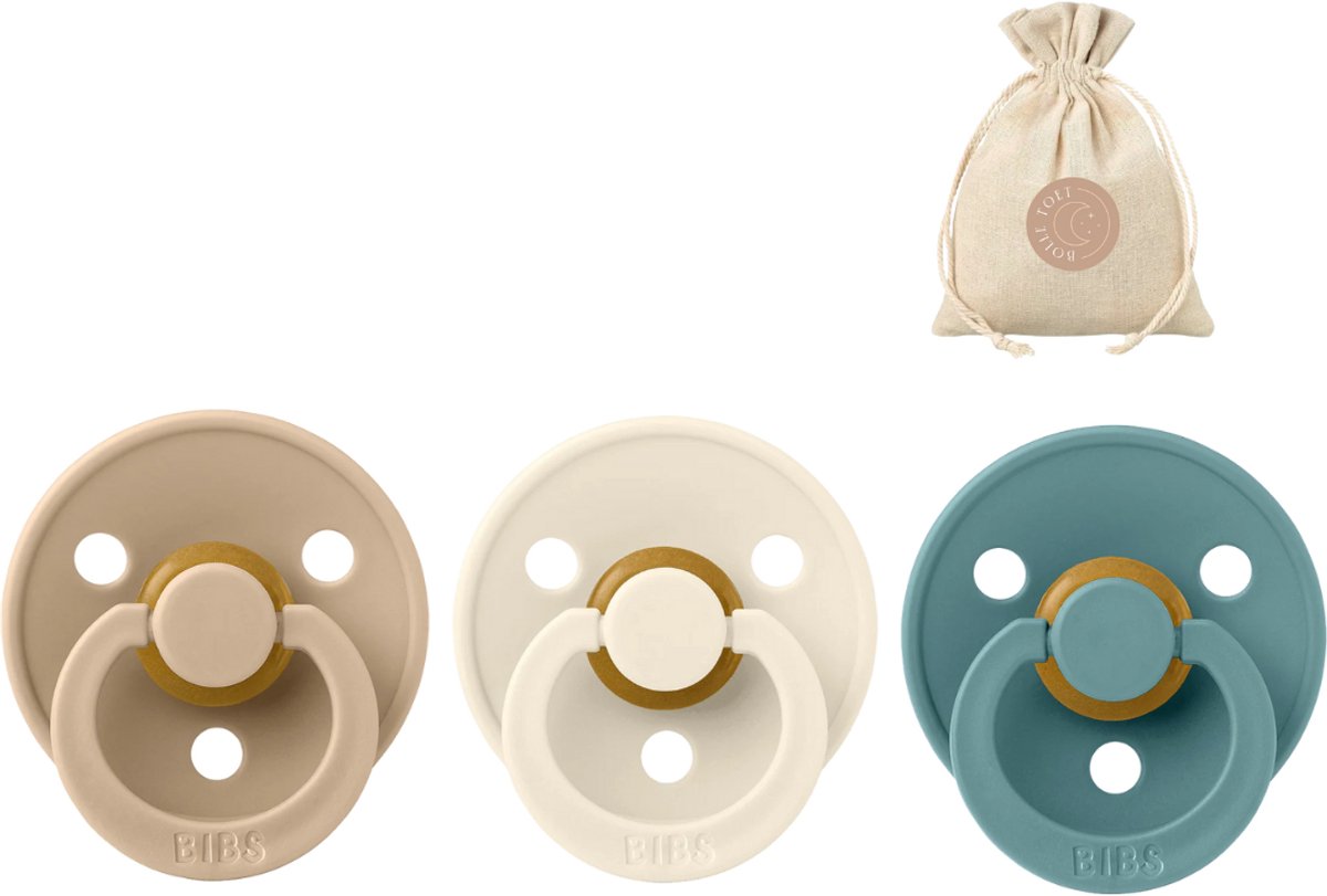Image of 3 BIBS fopspenen maat 1 - Taupe, Ivory en Island Sea + BolleToet speenzakje
