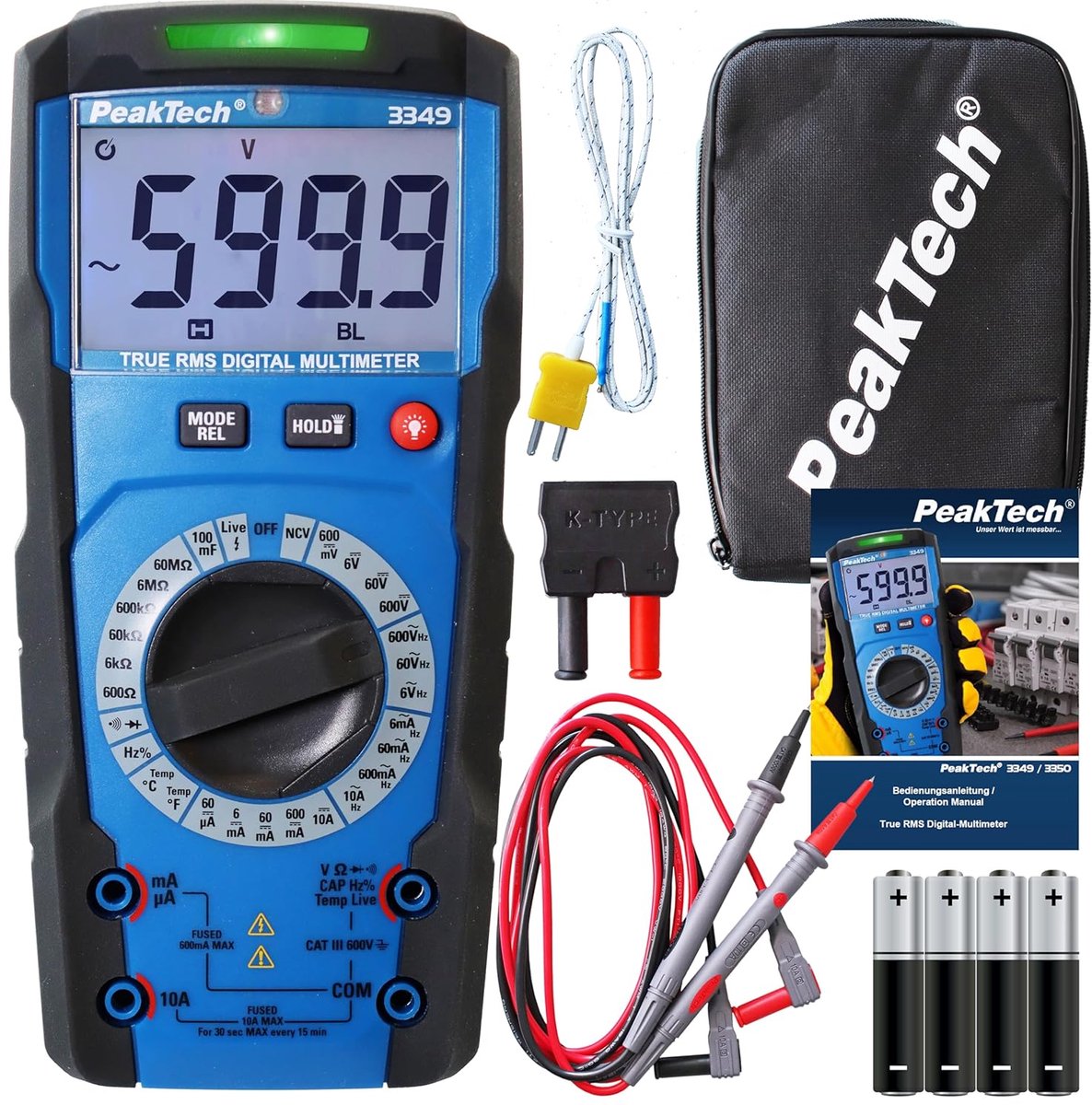 Digitale multimeter 6000 counts, TRMS, AC/DC spanning, stroom, weerstand, capacititeit, continuïteitstester - 600V/10A