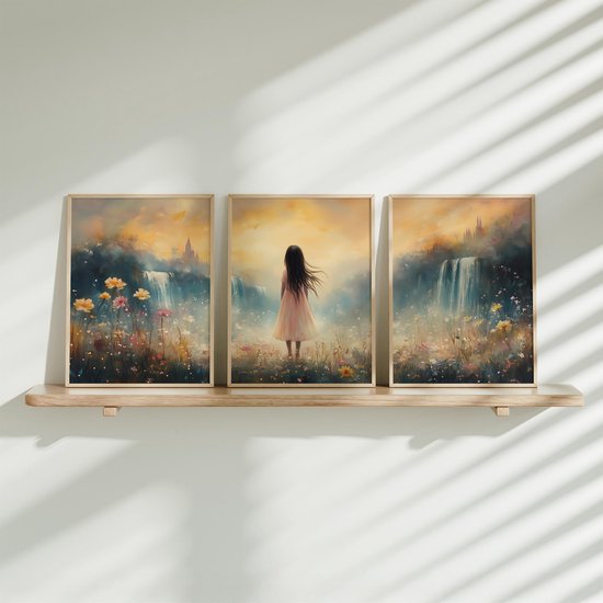 FineArtia - Dame de conte de fées dans un champ de fleurs avec Kasteel - Set de 3 posters - 20 x 30 cm - Chambre de fille - Poster enfant - Chambre de bébé - Cadeau de naissance - Décoration murale - Décoration murale de chambre d'enfant - Sans cadre