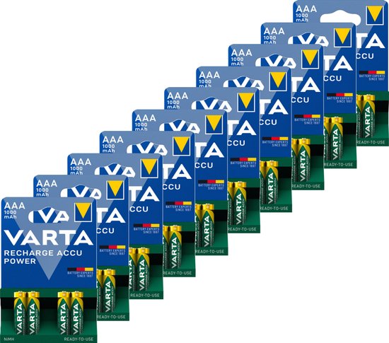 Rij van VARTA oplaadbare AAA batterijen (4 stuks per verpakking), 1000 mAh, NiMH, Ready-to-Use.