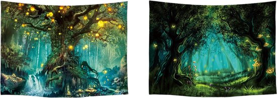 Ulticool – Tapisserie Conte de Fées Arbre Elf Forêt Magique Nature – Set de 2 Motifs – 73 cm x 95 cm – Peinture Tissu Tapisserie – Poster Art – Vert