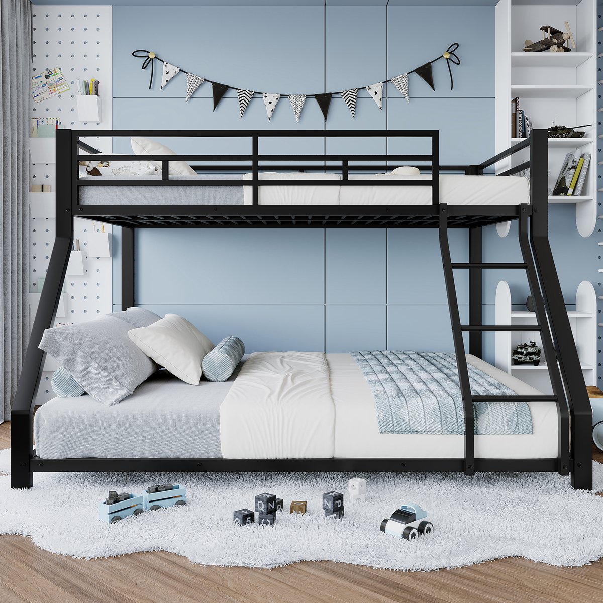 Stapelbed - 90x200 cm (140x200 cm) - reling - opstapje - en747 gecertificeerd - zonder matras - metaal - zwart