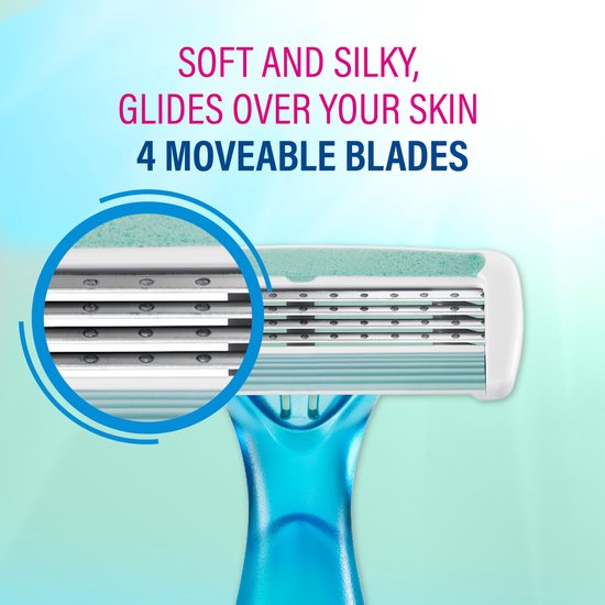 Close-up van het hoofd van een blauw scheermes met 4 beweegbare mesjes. "SOFT AND SILKY, GLIDES OVER YOUR SKIN 4 MOVEABLE BLADES".