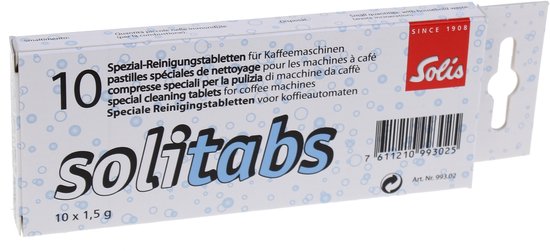 Verpakking met 10 Solitabs speciale reinigingstabletten voor koffiemachines, 10 x 1,5 g.