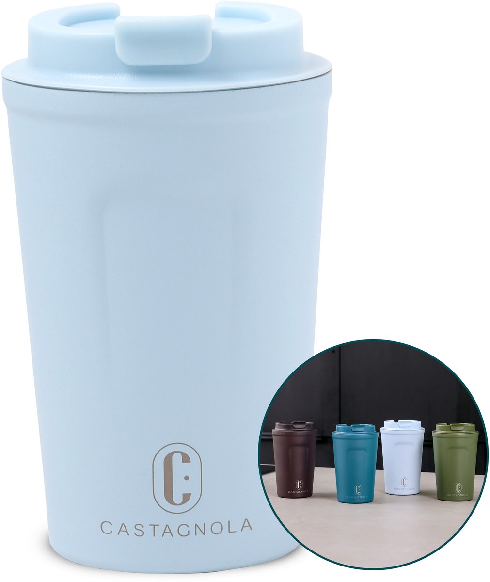 Castagnola Thermosbeker - Koffiebeker To Go - Travel Mug voor Koffie en Thee - Theebeker - 380 ML - RVS - Lichtblauw