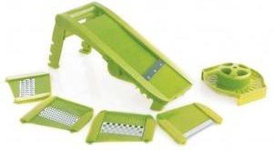 Groene multifunctionele mandoline met diverse opzetstukken voor snijden en raspen.