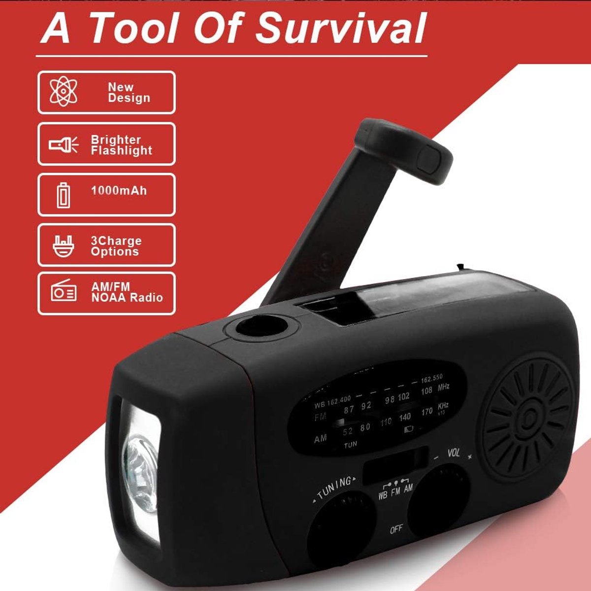 FM/AM/WB - Solar - Zaklamp - Powerbank- mini-noodoverlevingsradio op zonne - Noodradio Op Batterijen -energie - met 3 LED's Superheldere zaklamp 2000mAh batterij - aangedreven powerbank Smartphone-oplader - zwart – foto 4