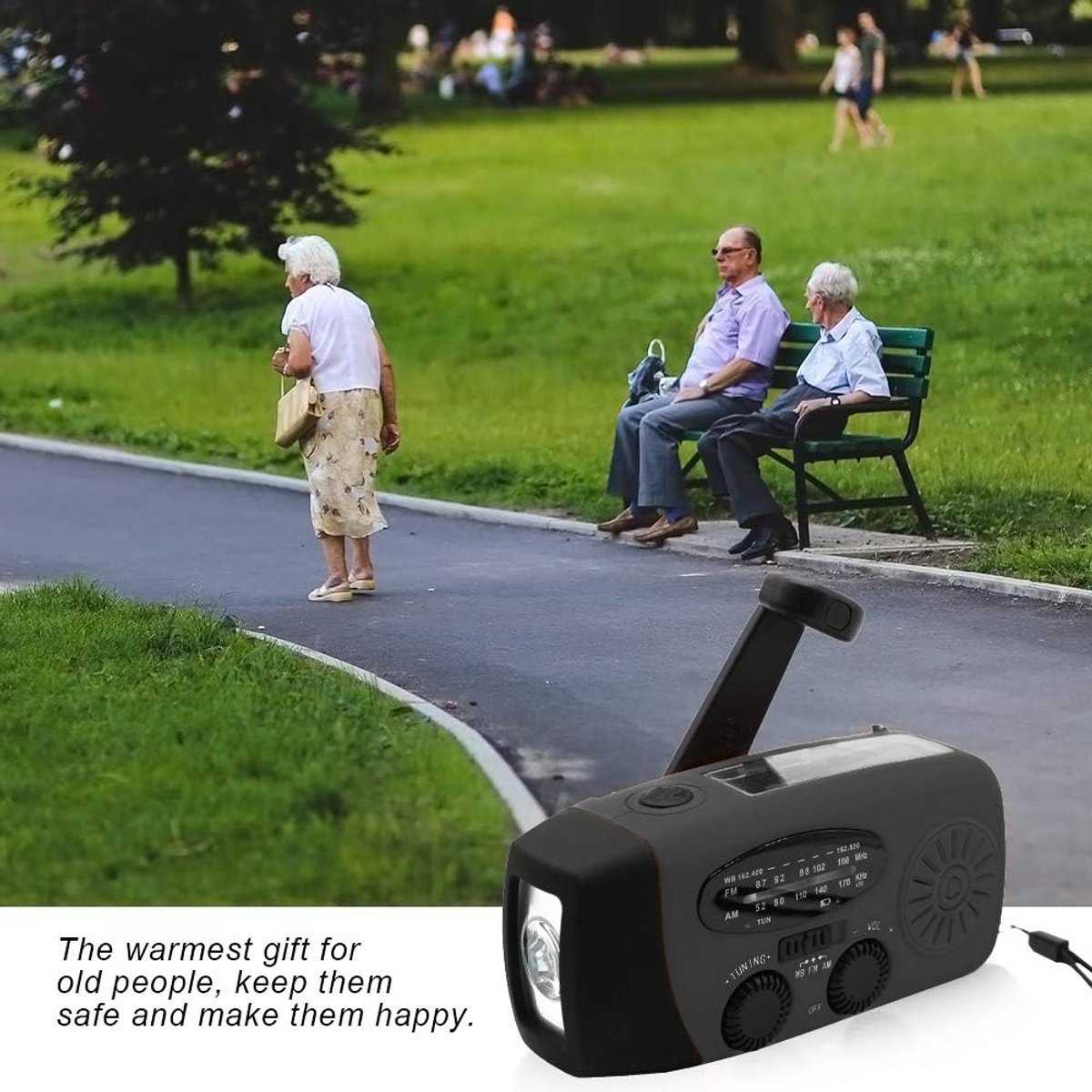 FM/AM/WB - Solar - Zaklamp - Powerbank- mini-noodoverlevingsradio op zonne - Noodradio Op Batterijen -energie - met 3 LED's Superheldere zaklamp 2000mAh batterij - aangedreven powerbank Smartphone-oplader - zwart – foto 6